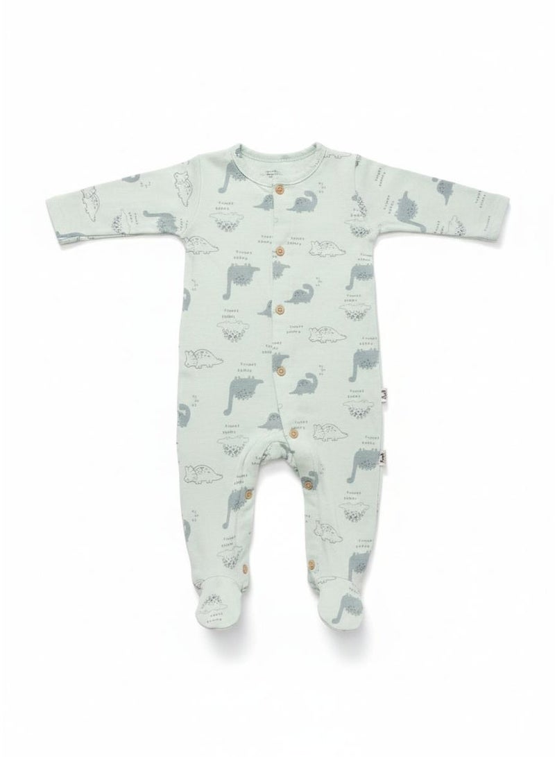 فاني باني بيجاما نوم للأطفال الرضع، بنقشة ديناصورات خضراء، بأكمام طويلة، وإغلاق بأزرار أمامية. - Image 1